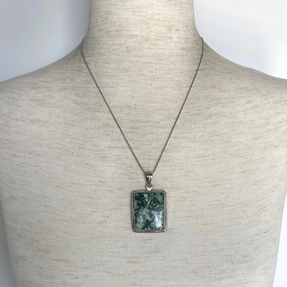 Sterling Silver 925 Bezel Set Tree Agate Rectangular Pendant Necklace 18.5" - Picture 2 of 16